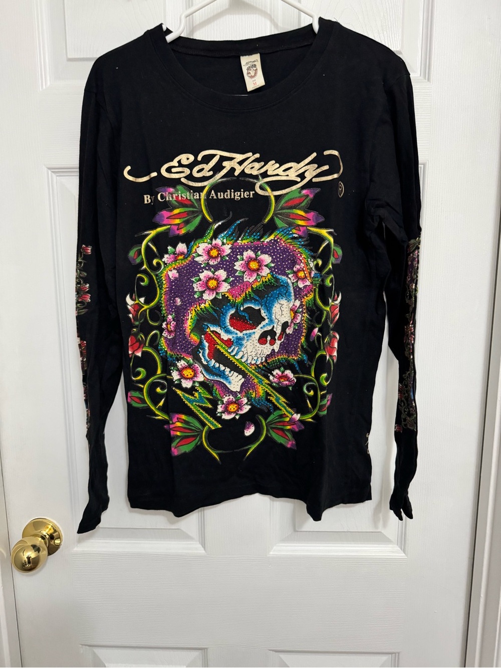 Ed Hardy Y2K Black Long Sleeve Floral Skull Graphic Shirt